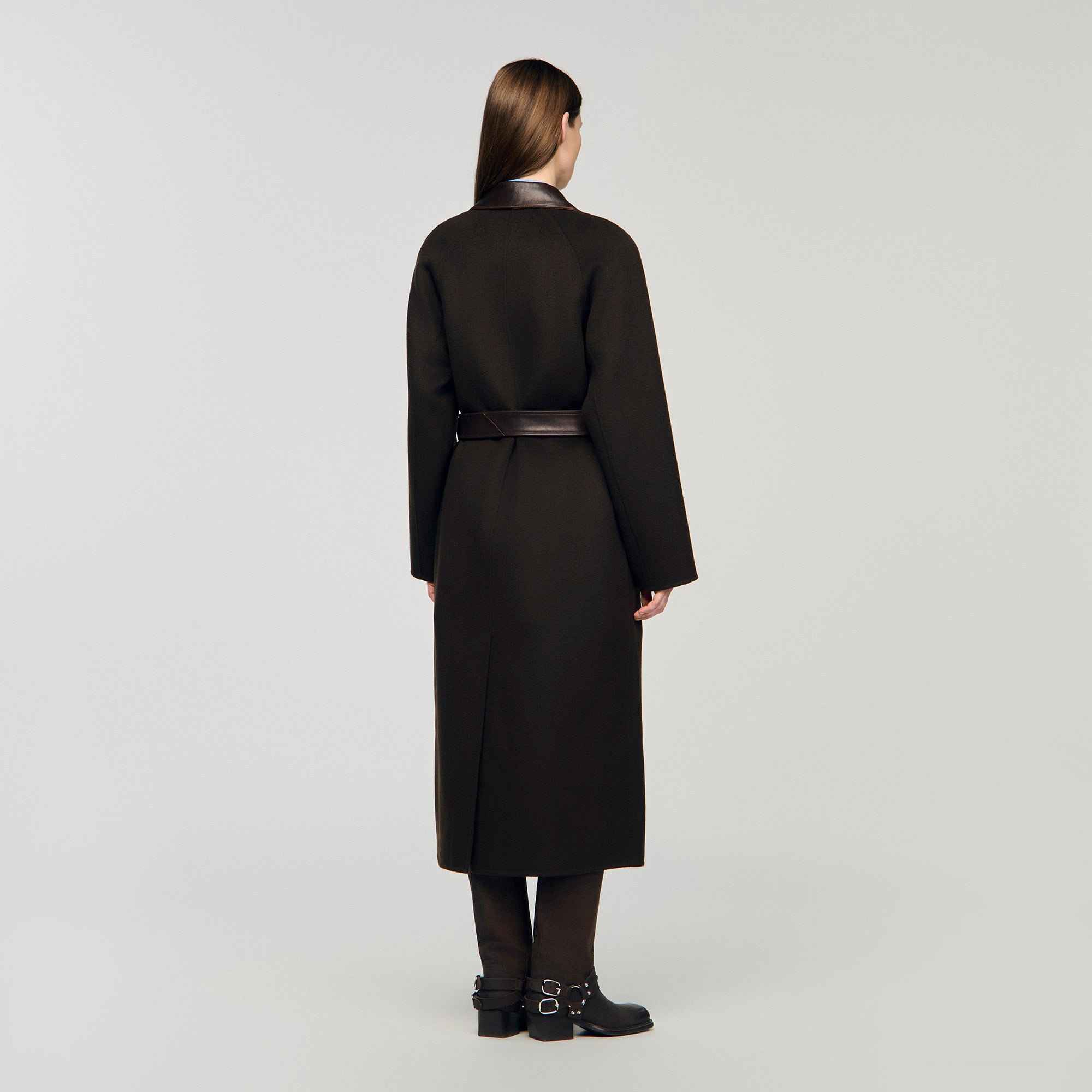 Emilien Long Wool And Leather Coat Brown
