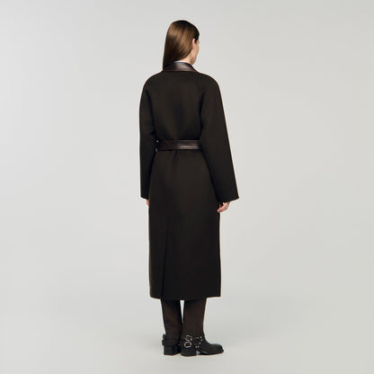 Emilien Long Wool And Leather Coat Brown