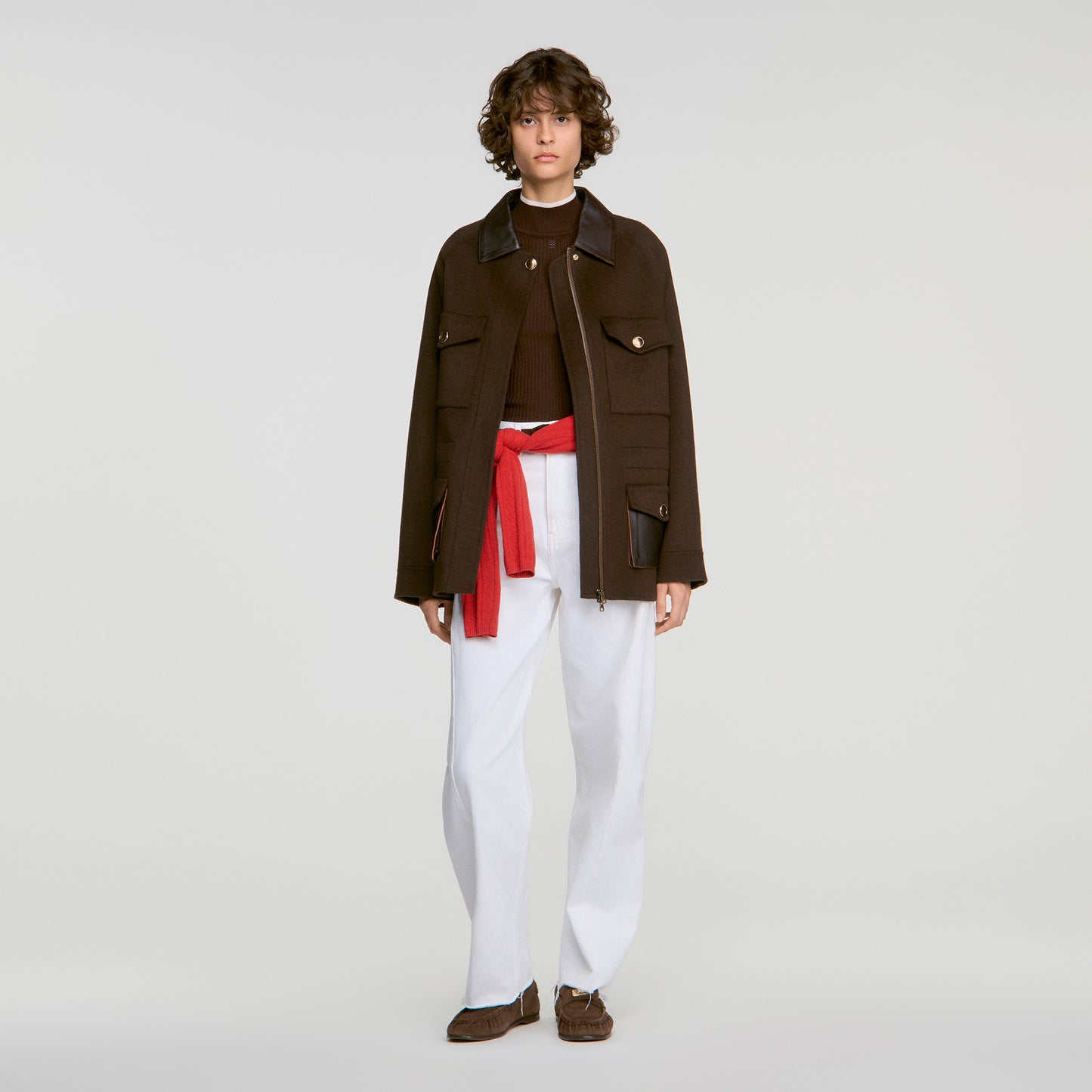 Gery Double-faced coat, leather collar Brown