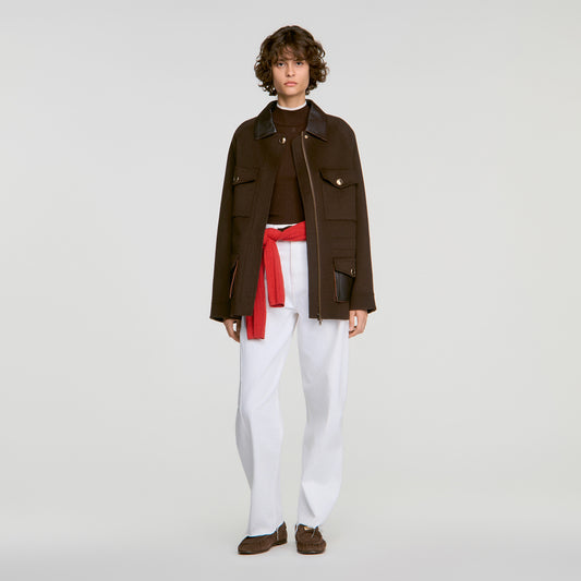 Gery Double-faced coat, leather collar Brown