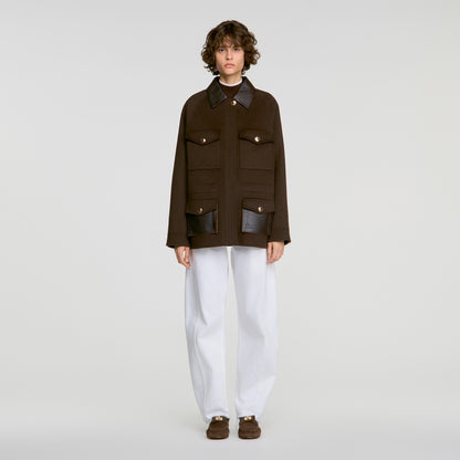 Gery Double-faced coat, leather collar Brown