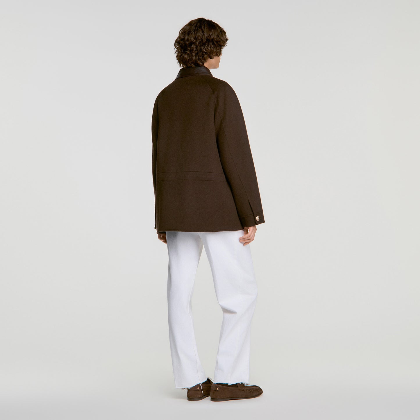 Gery Double-faced coat, leather collar Brown