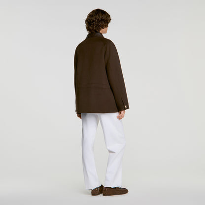 Gery Double-faced coat, leather collar Brown