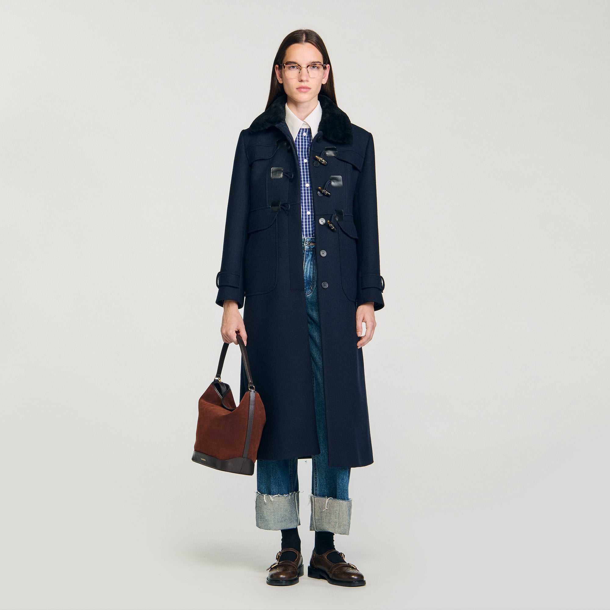 Seane Long Coat With Velvet Collar Navy Blue
