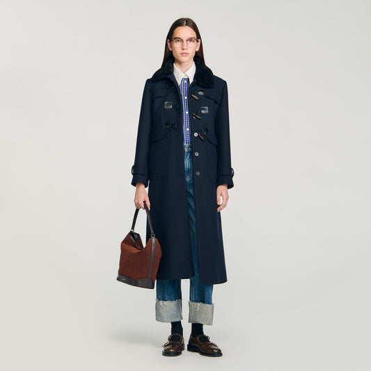 Seane Long Coat With Velvet Collar Navy Blue