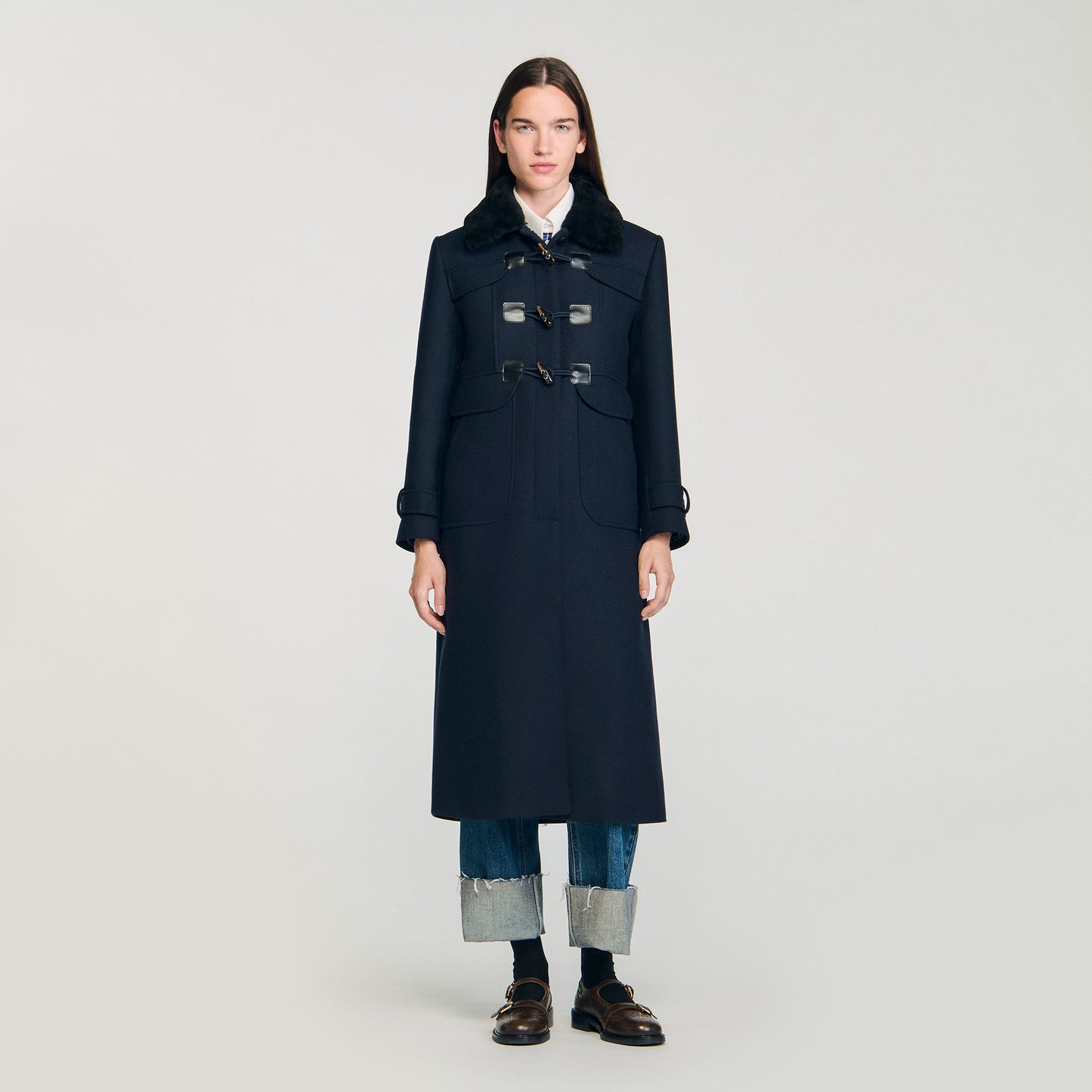 Seane Long Coat With Velvet Collar Navy Blue
