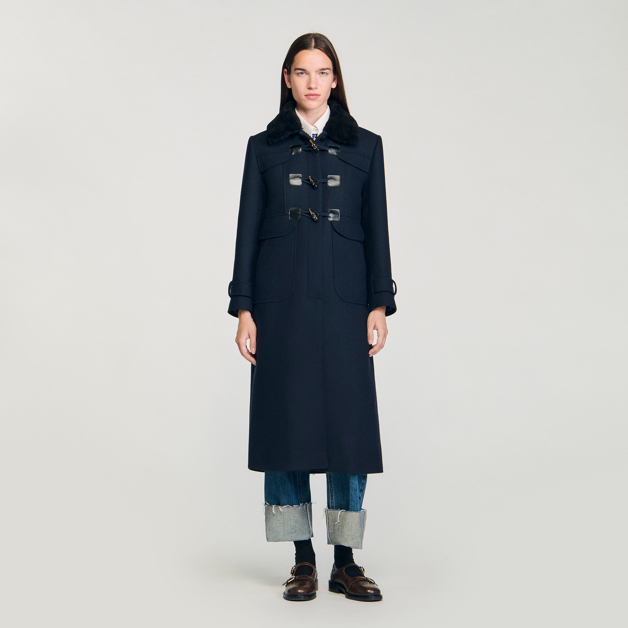 Seane Long Coat With Velvet Collar Navy Blue