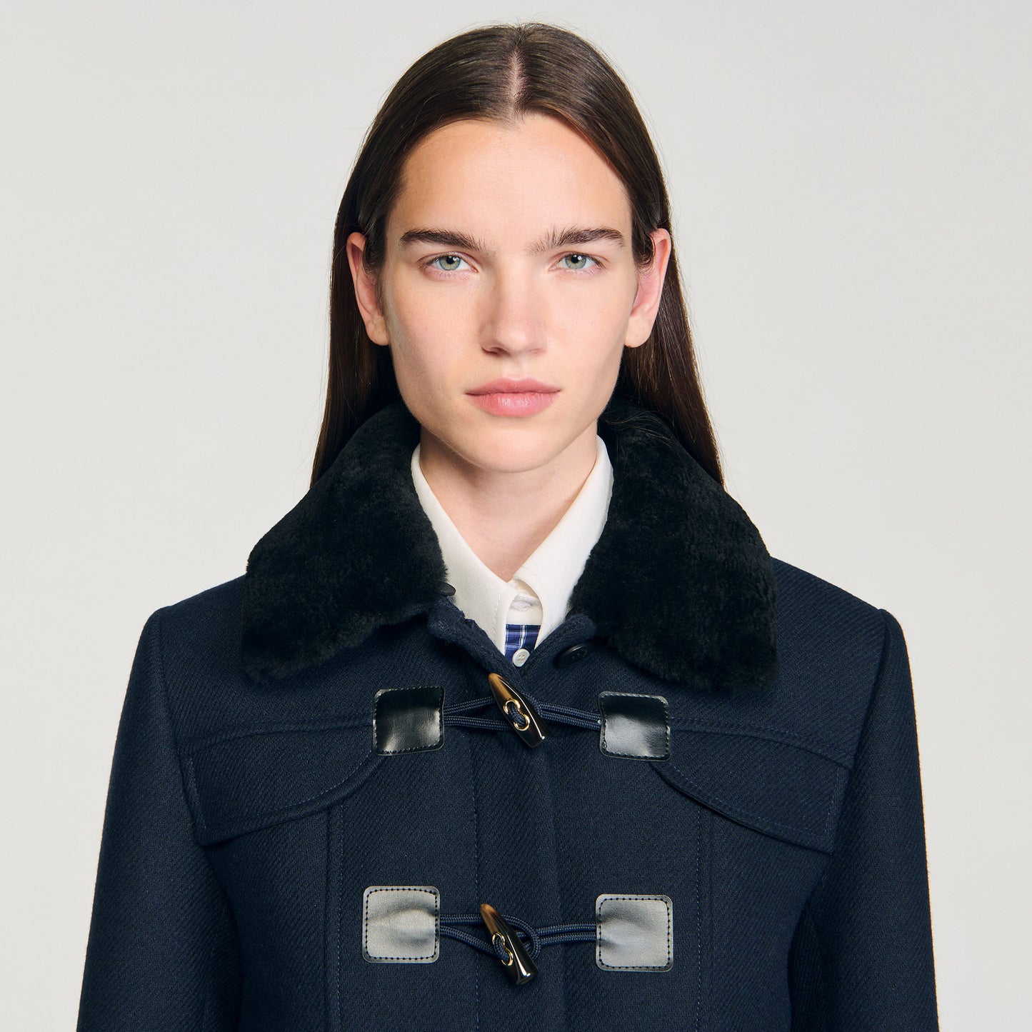 Seane Long Coat With Velvet Collar Navy Blue