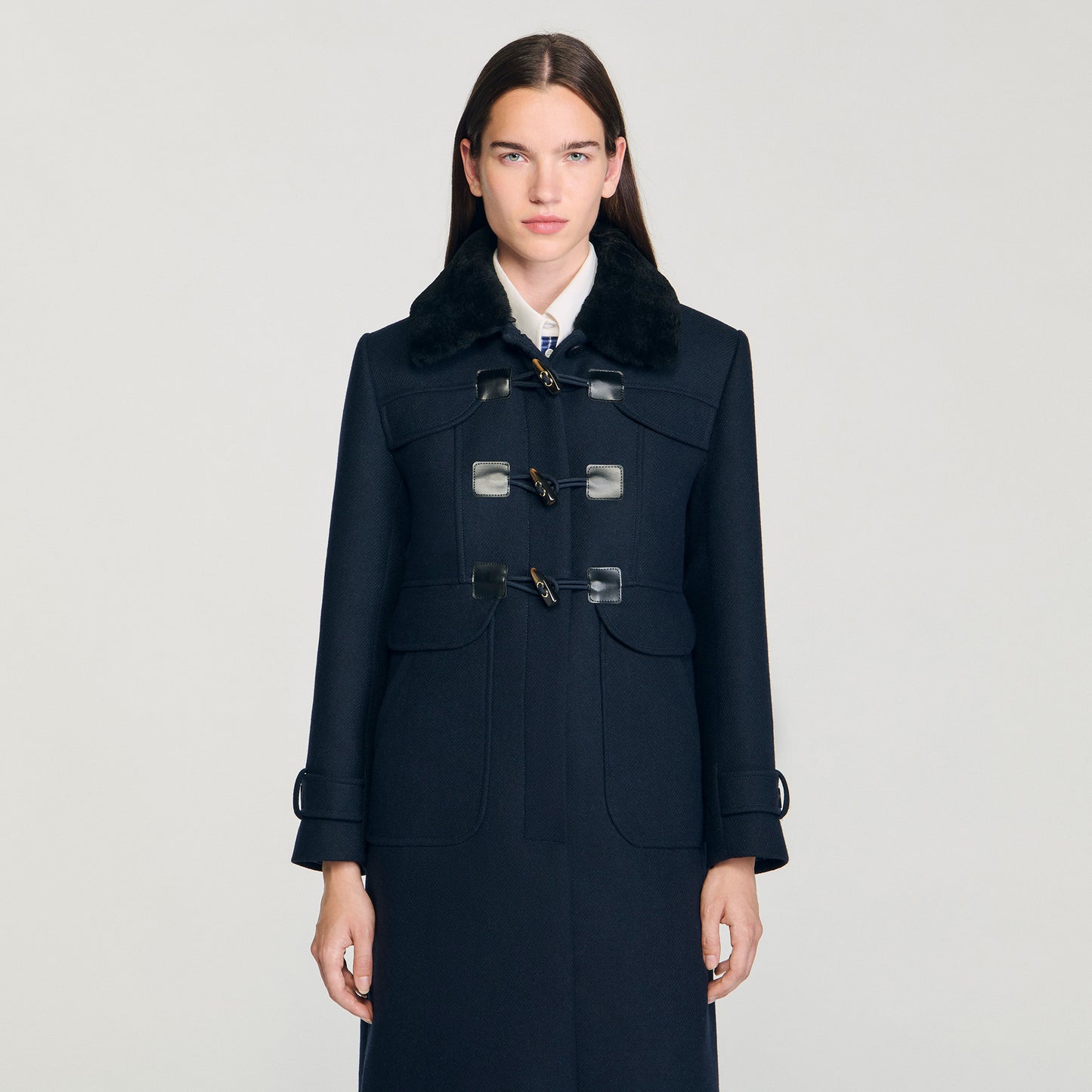 Seane Long Coat With Velvet Collar Navy Blue