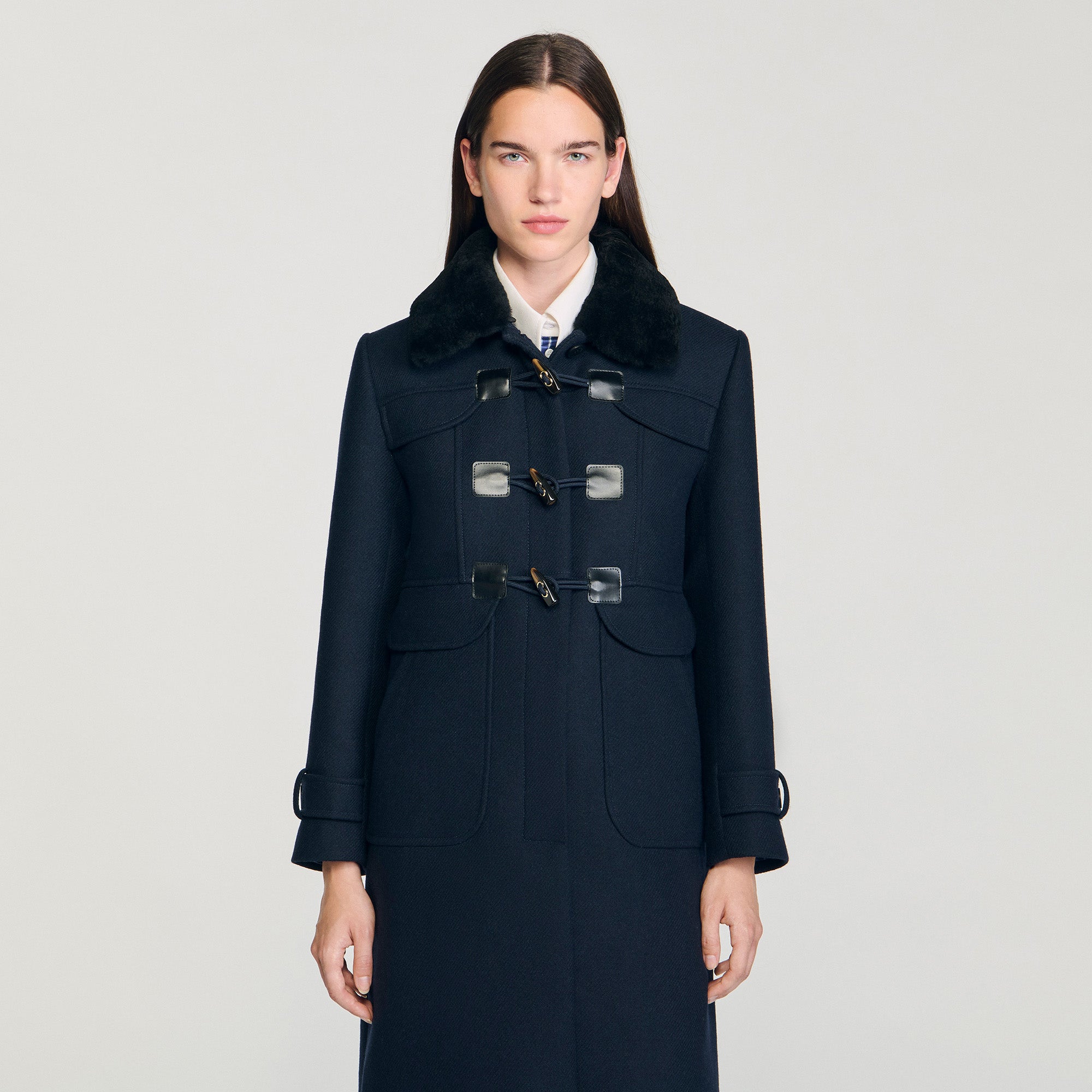 Seane Long Coat With Velvet Collar Navy Blue