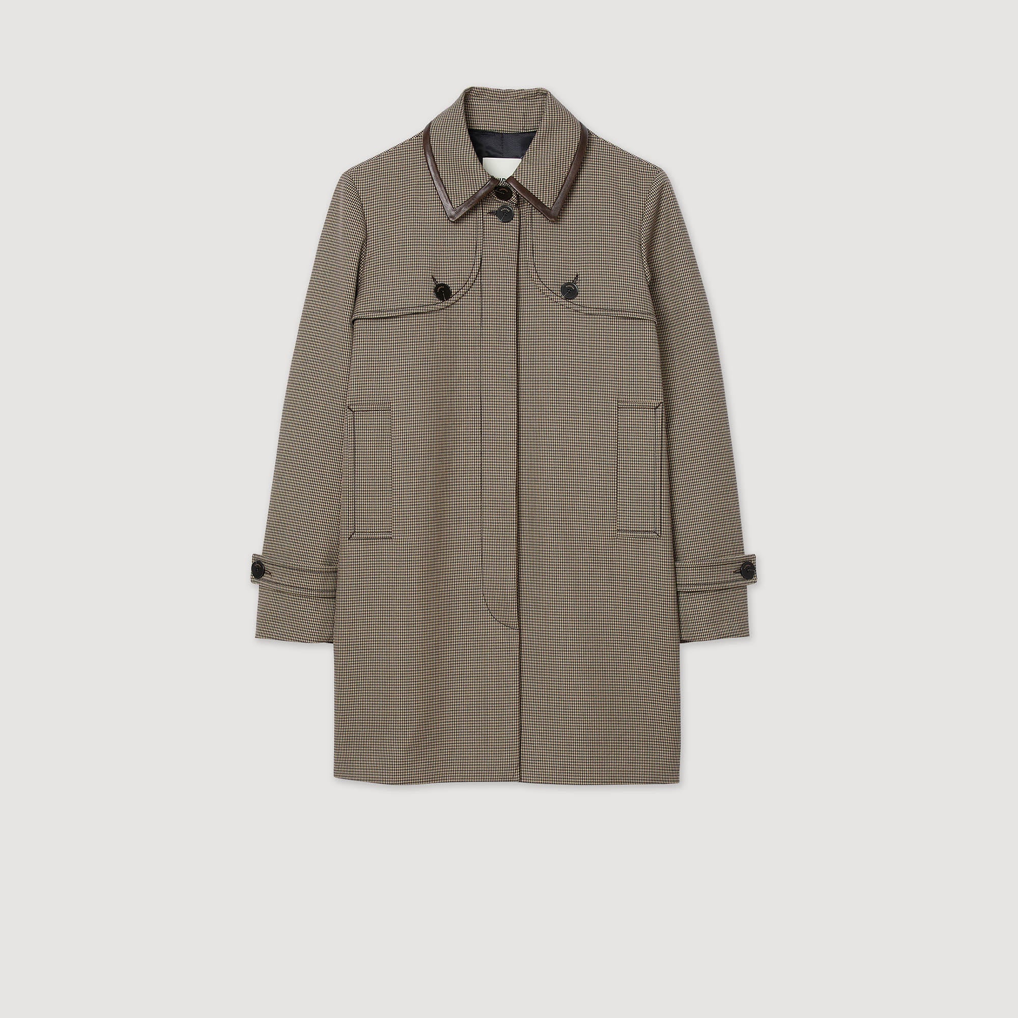 Windsor Houndstooth Trench, Leather Collar Brown / Beige