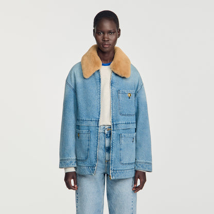 Cameron Denim coat with faux fur collar Blue Jean
