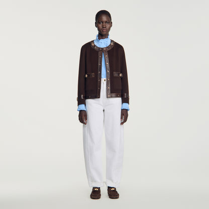 Greenwich Short coat with leather details Brown