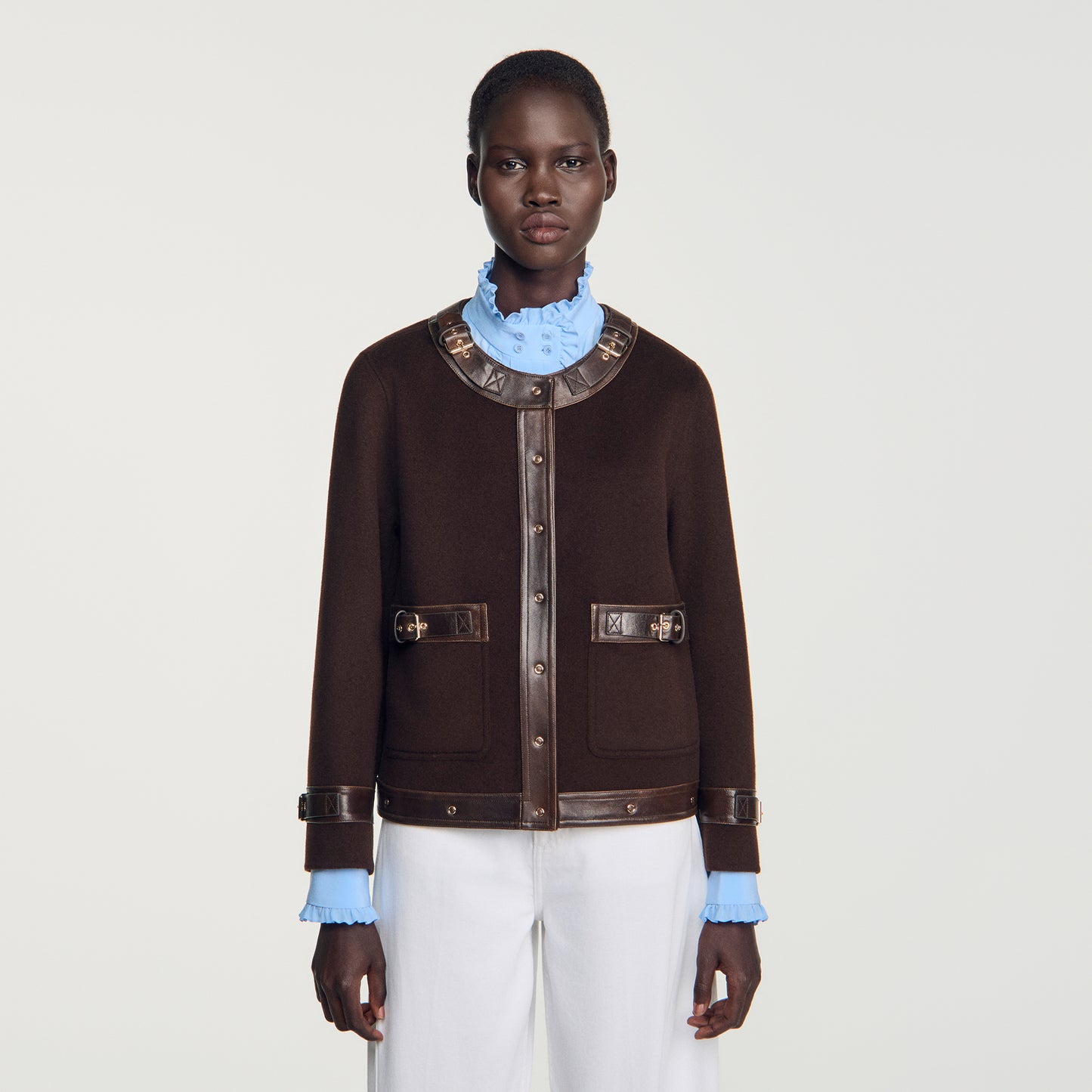 Greenwich Short coat with leather details Brown