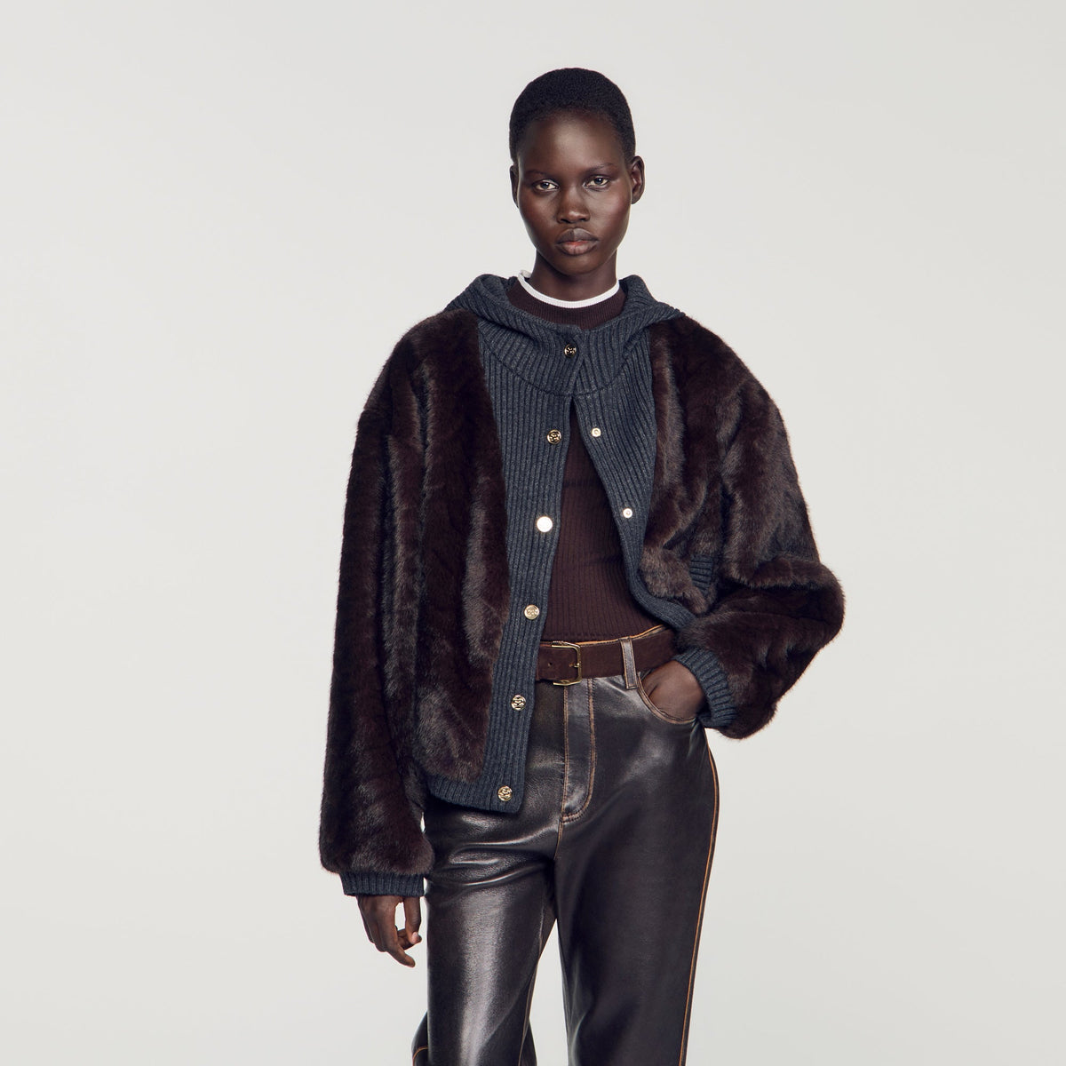 Theodore Faux Fur And Knit Jacket Brown
