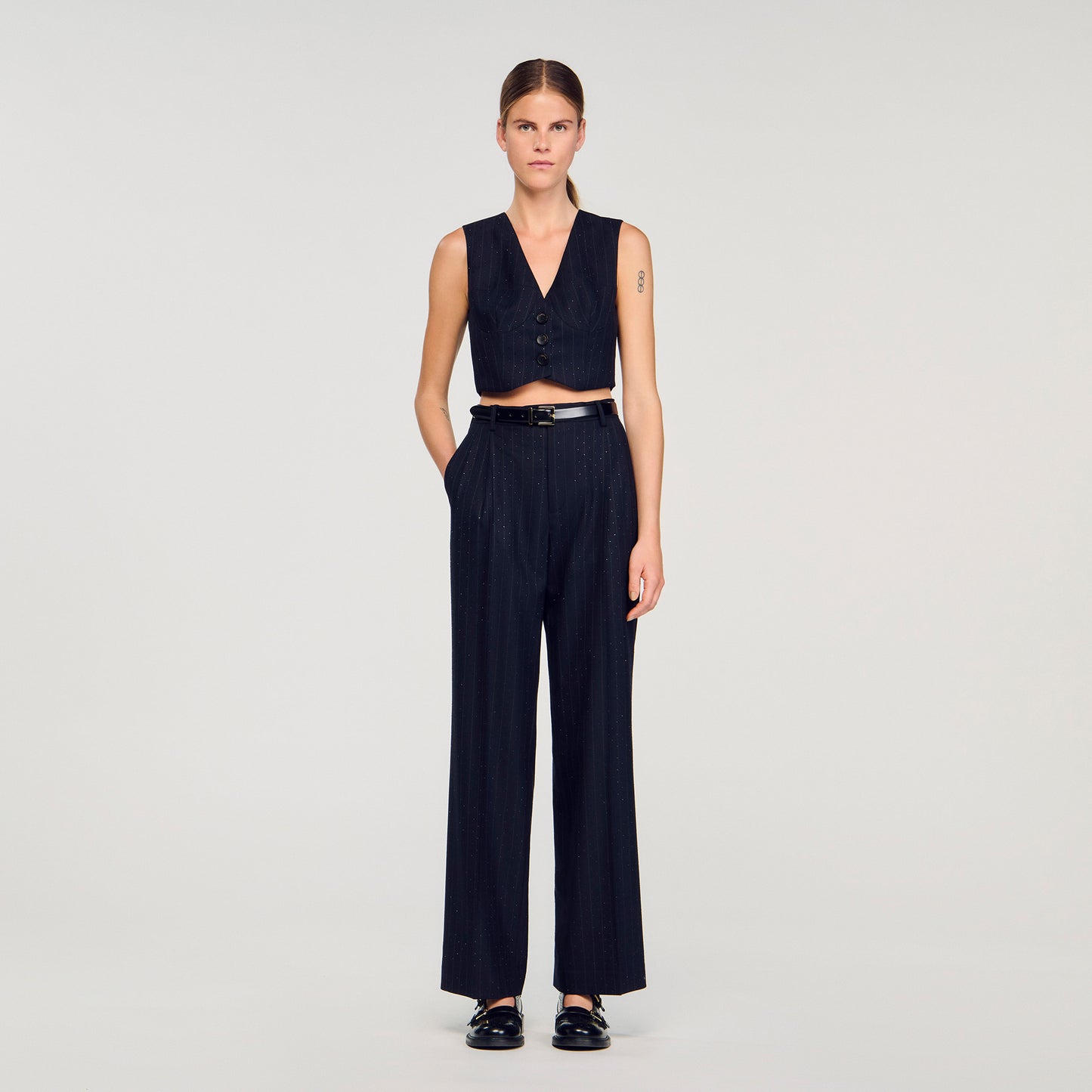 Pernault Rhinestone Striped Trousers Navy Blue