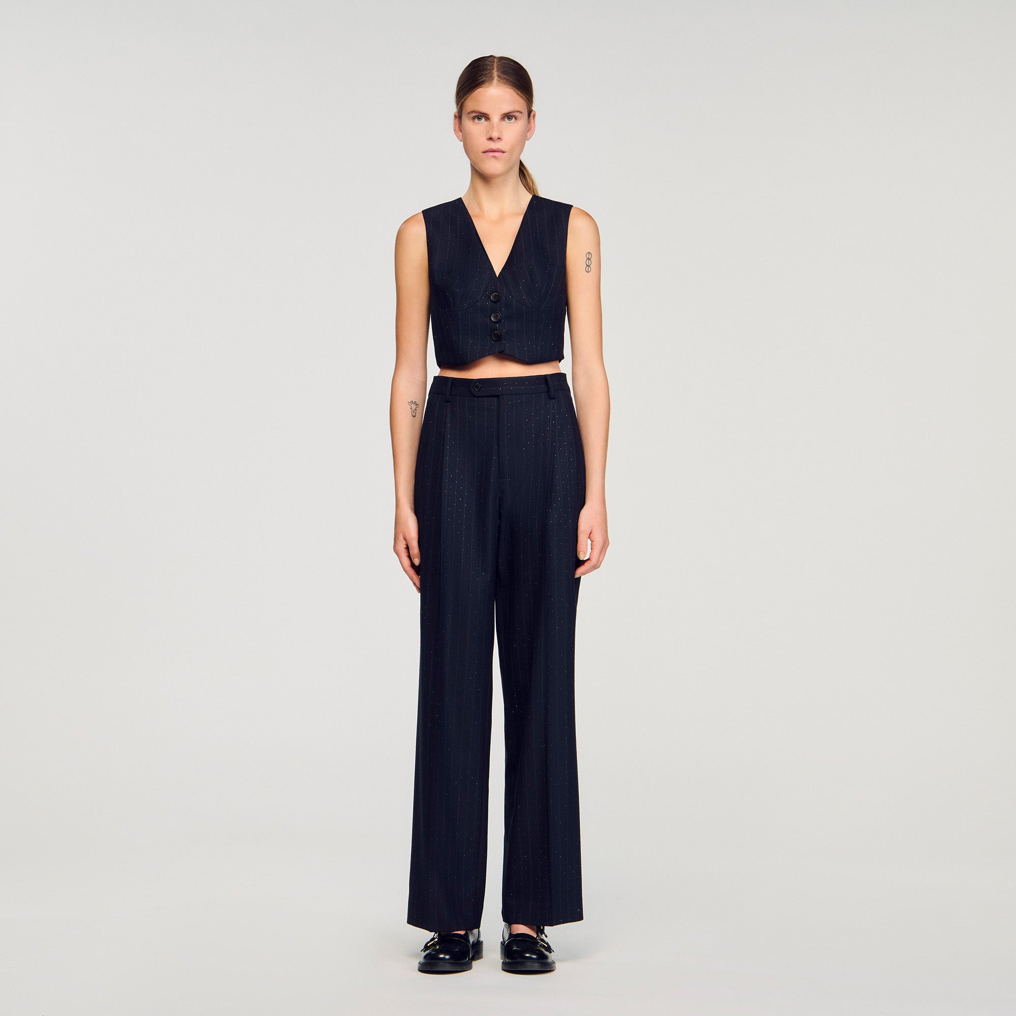 Pernault Rhinestone Striped Trousers Navy Blue