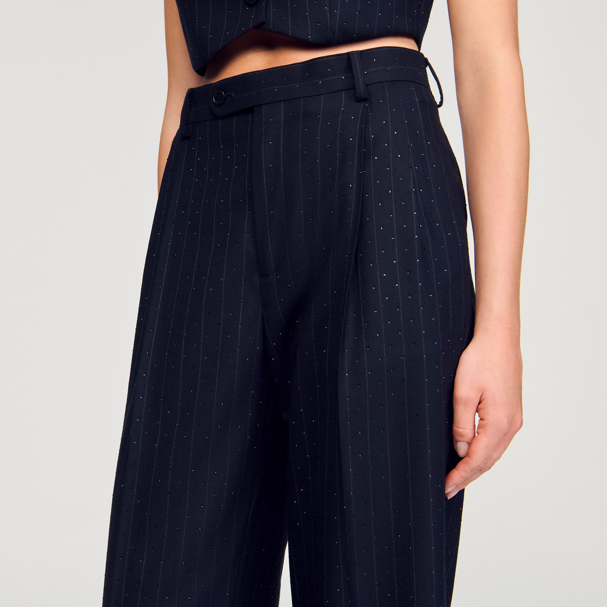 Pernault Rhinestone Striped Trousers Navy Blue
