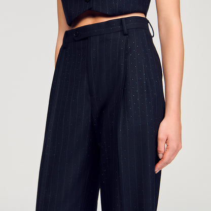 Pernault Rhinestone Striped Trousers Navy Blue