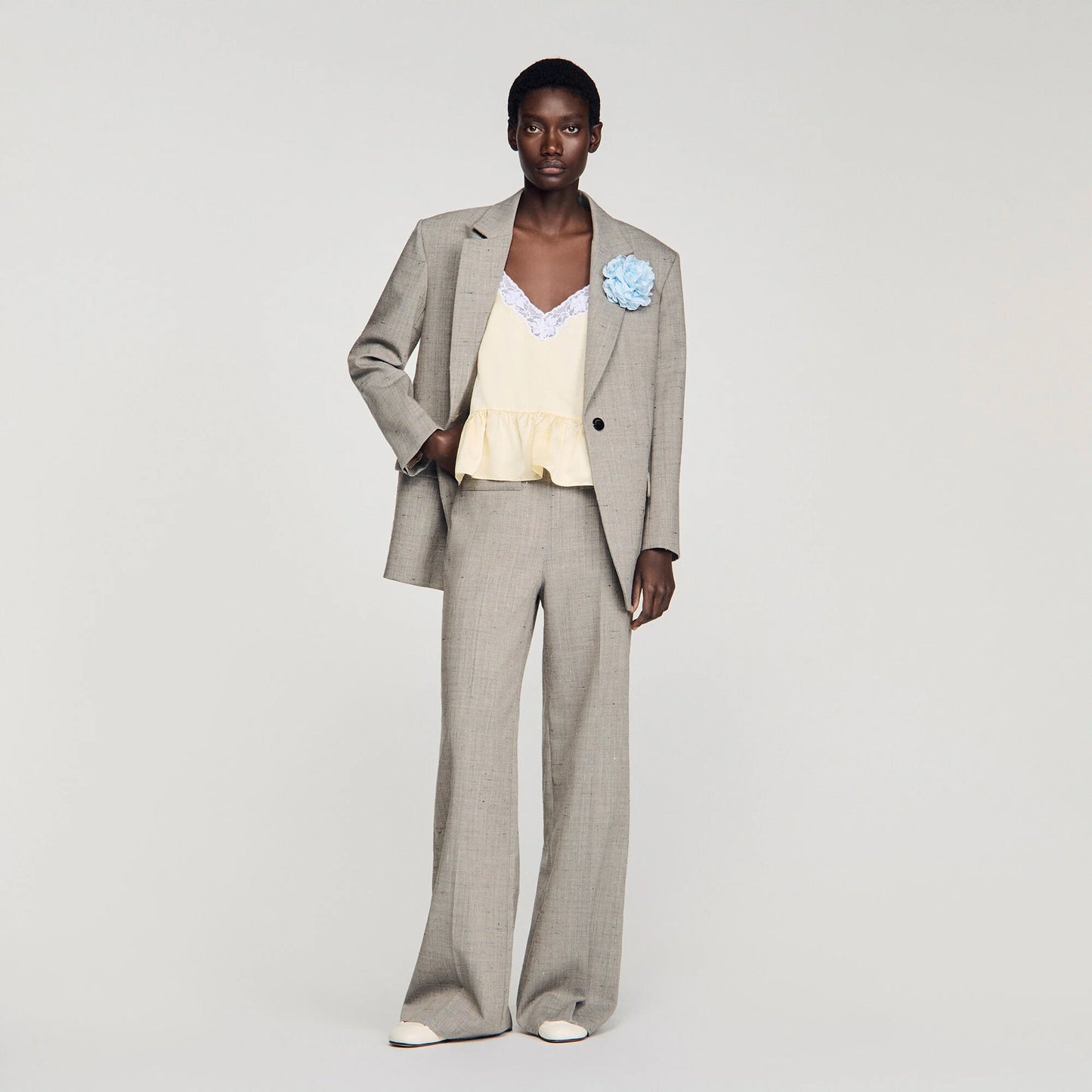 Leyo Wide-Leg Checked Wool Trousers Greige