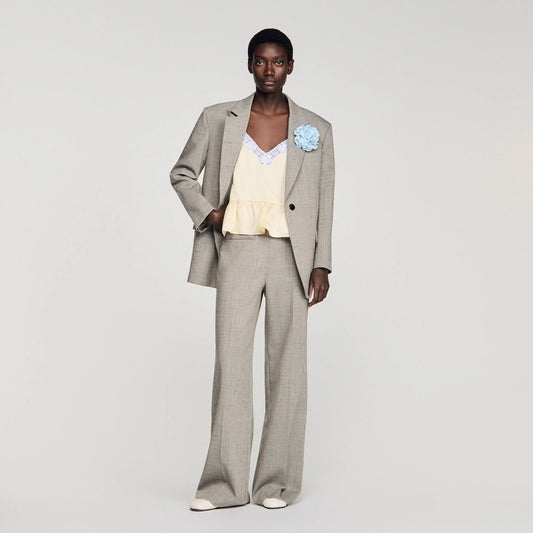 Leyo Wide-Leg Checked Wool Trousers Greige