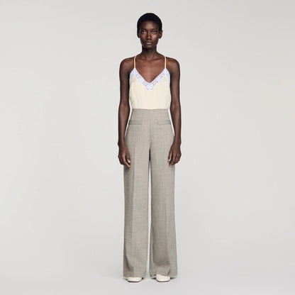Leyo Wide-Leg Checked Wool Trousers Greige