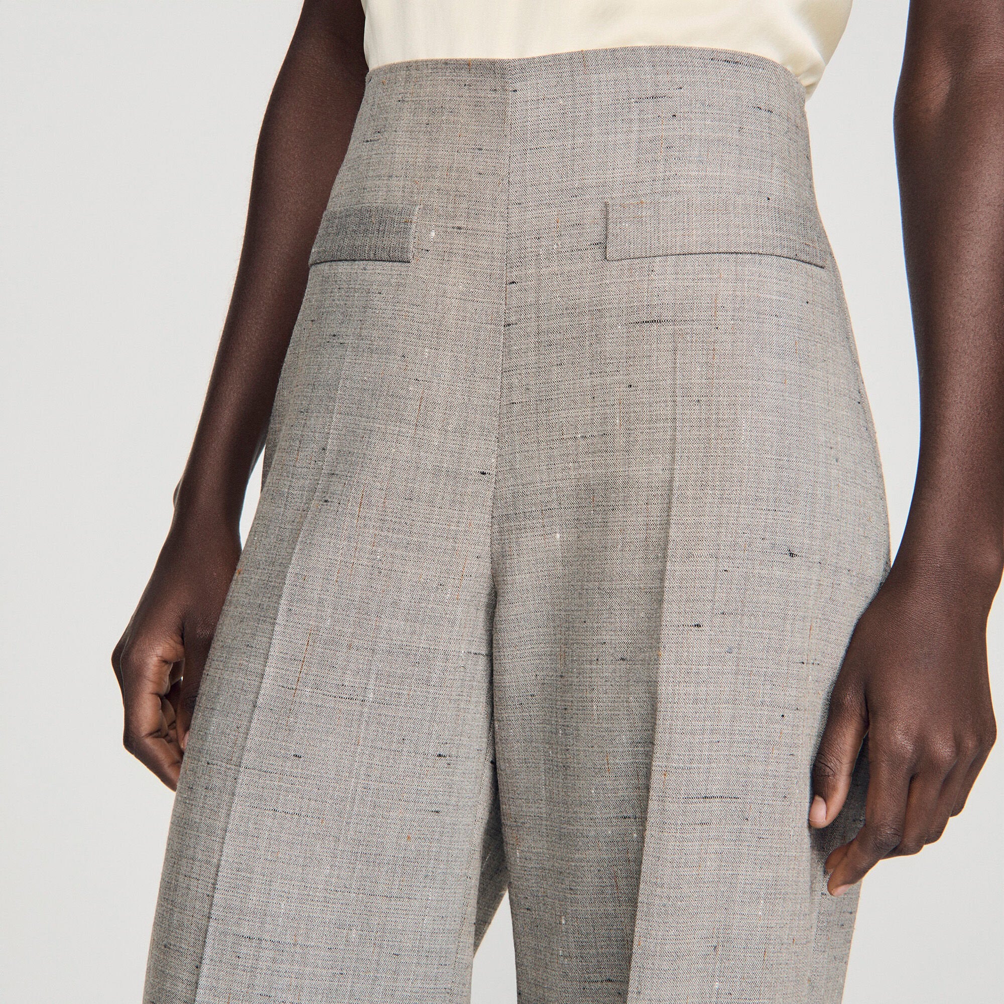 Leyo Wide-Leg Checked Wool Trousers Greige