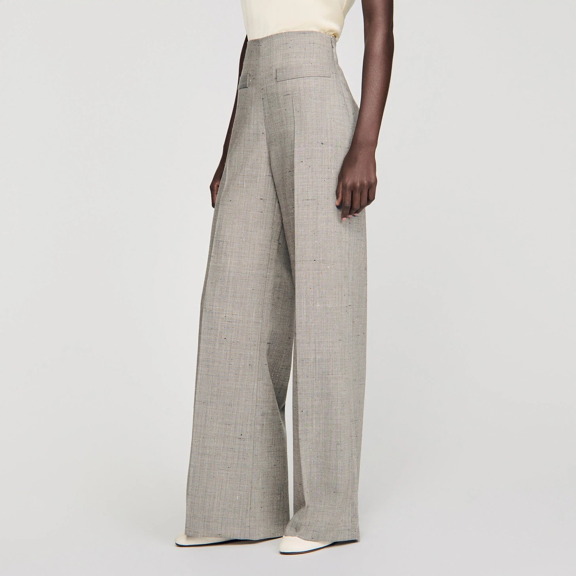 Leyo Wide-Leg Checked Wool Trousers Greige