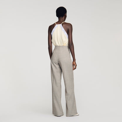 Leyo Wide-Leg Checked Wool Trousers Greige
