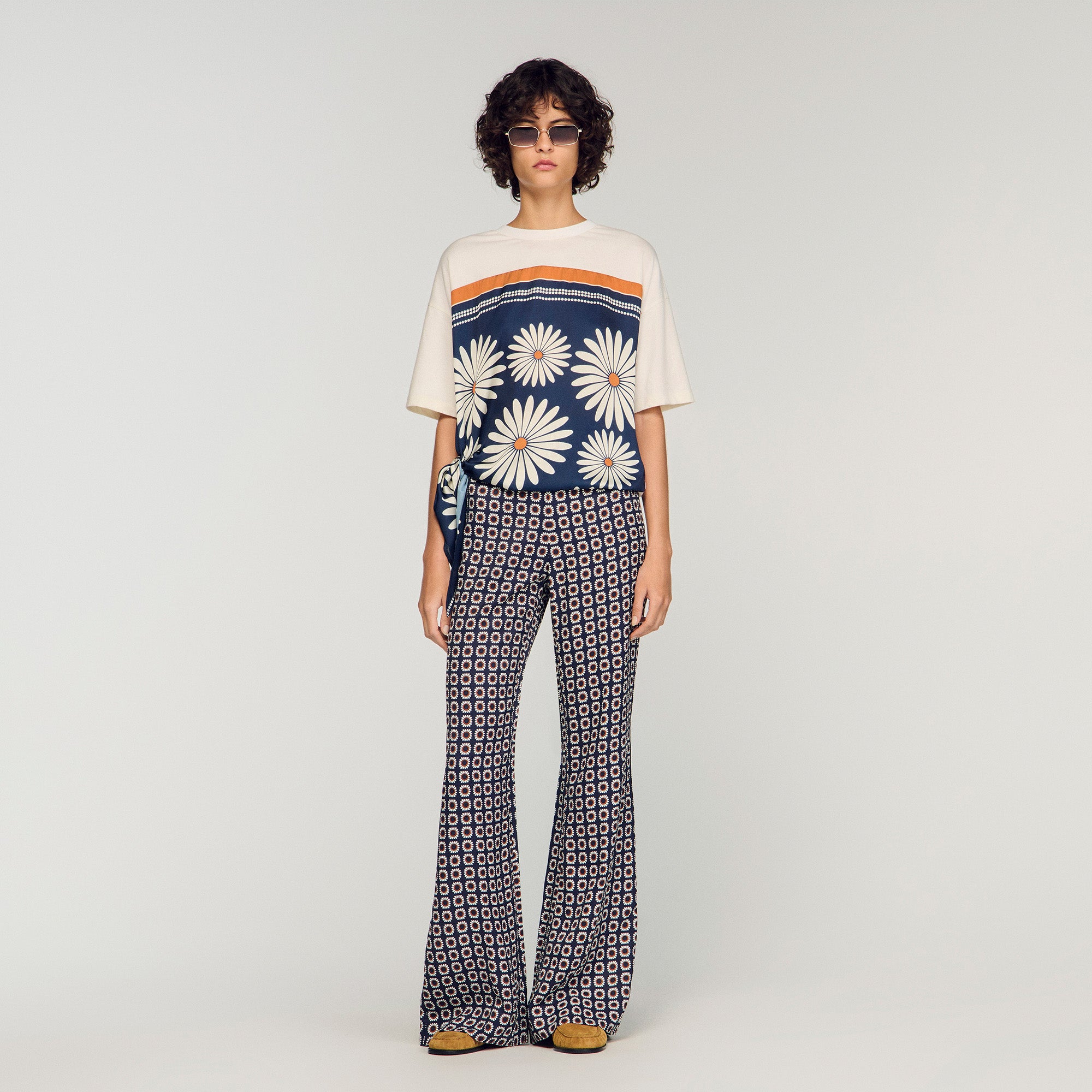 Floral Print Floaty Trousers Deep Blue Ocher