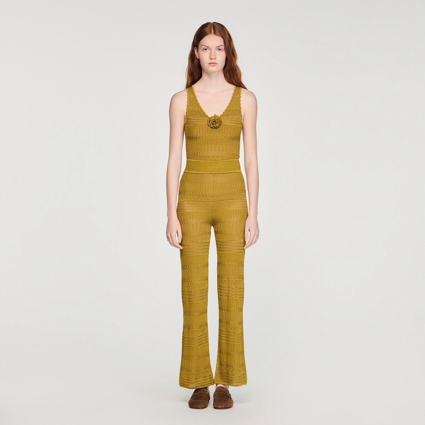 Milan Pointelle Knit Trousers Olive