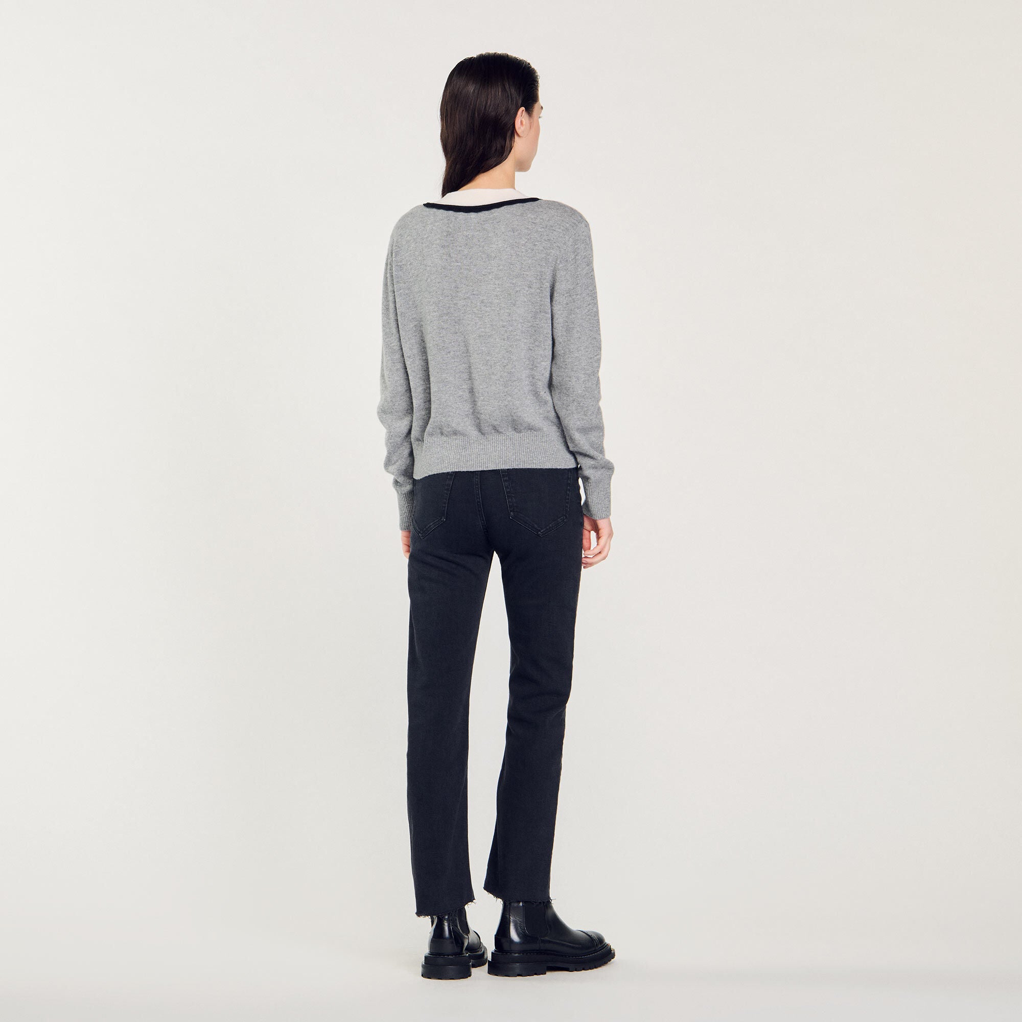 Sweater With Contrasting Deep V-Neck White