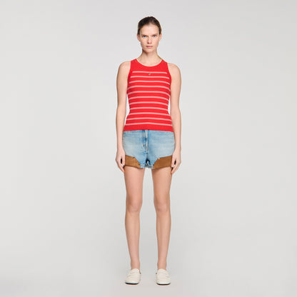 Poema Striped Ribbed Vest Top Red