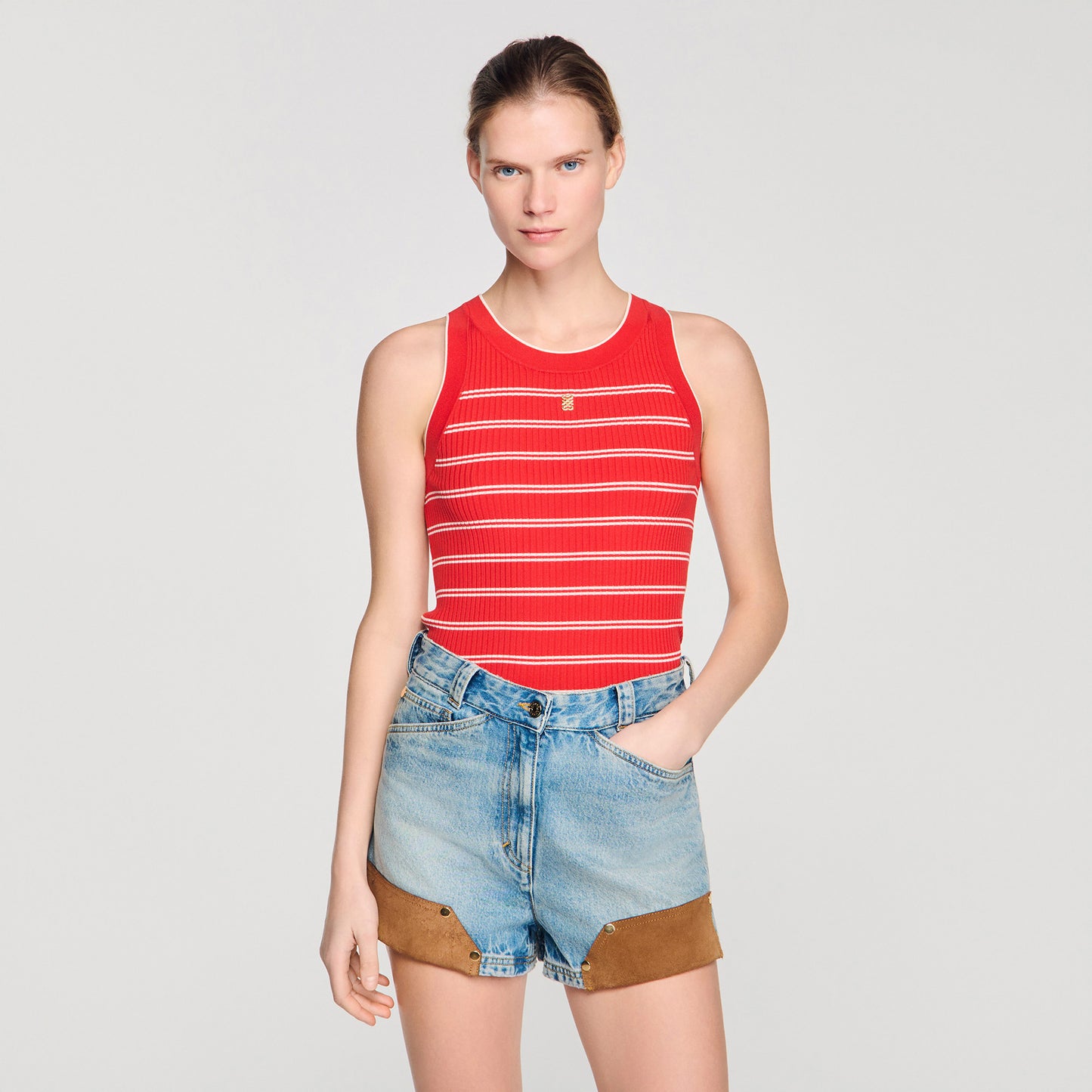 Poema Striped Ribbed Vest Top Red