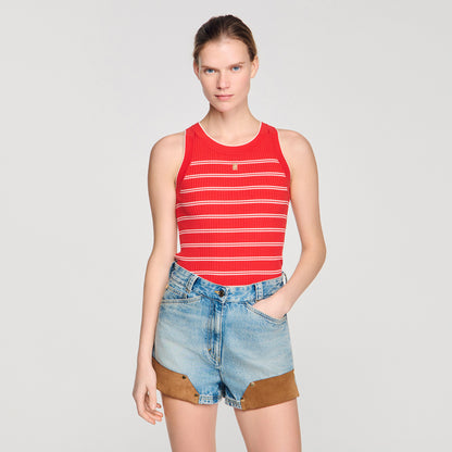 Poema Striped Ribbed Vest Top Red