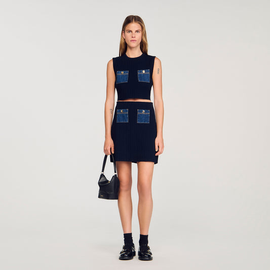 Isolde Knit And Denim Top Navy Blue
