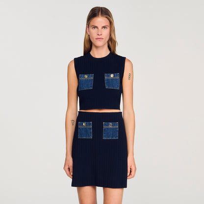 Isolde Knit And Denim Top Navy Blue