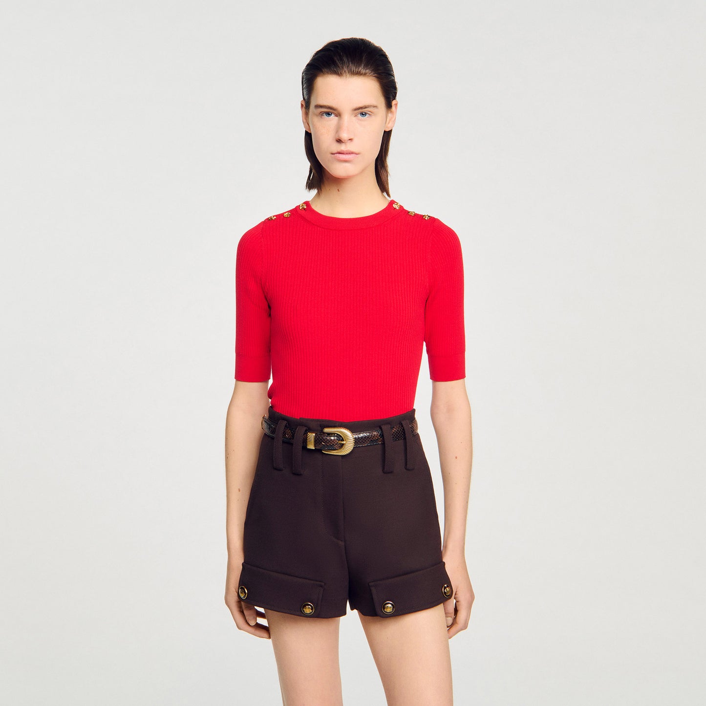 Victor Short-Sleeve Ribbed Jumper Red