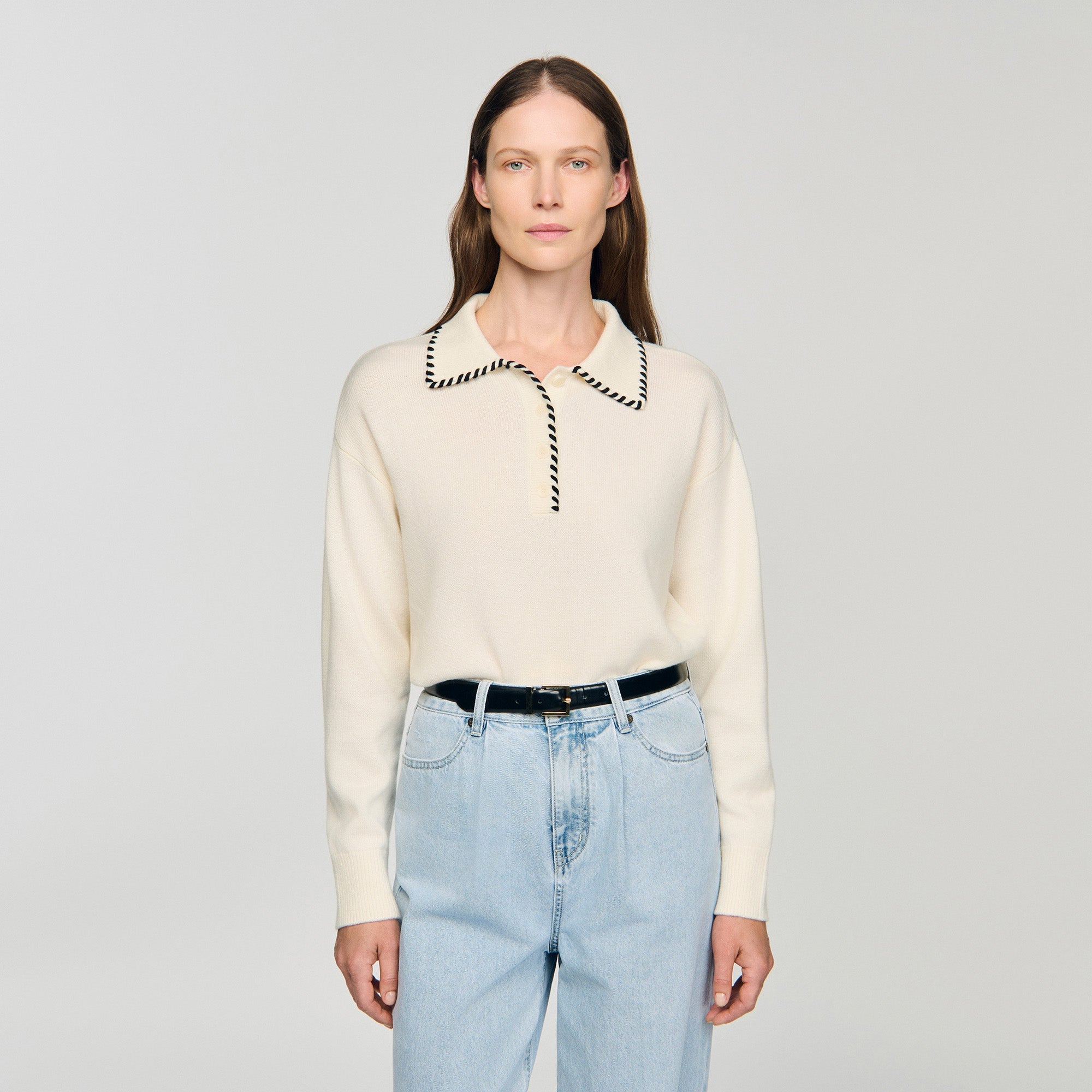 Dorea Contrast Polo-Neck Knit Jumper Ecru / Black