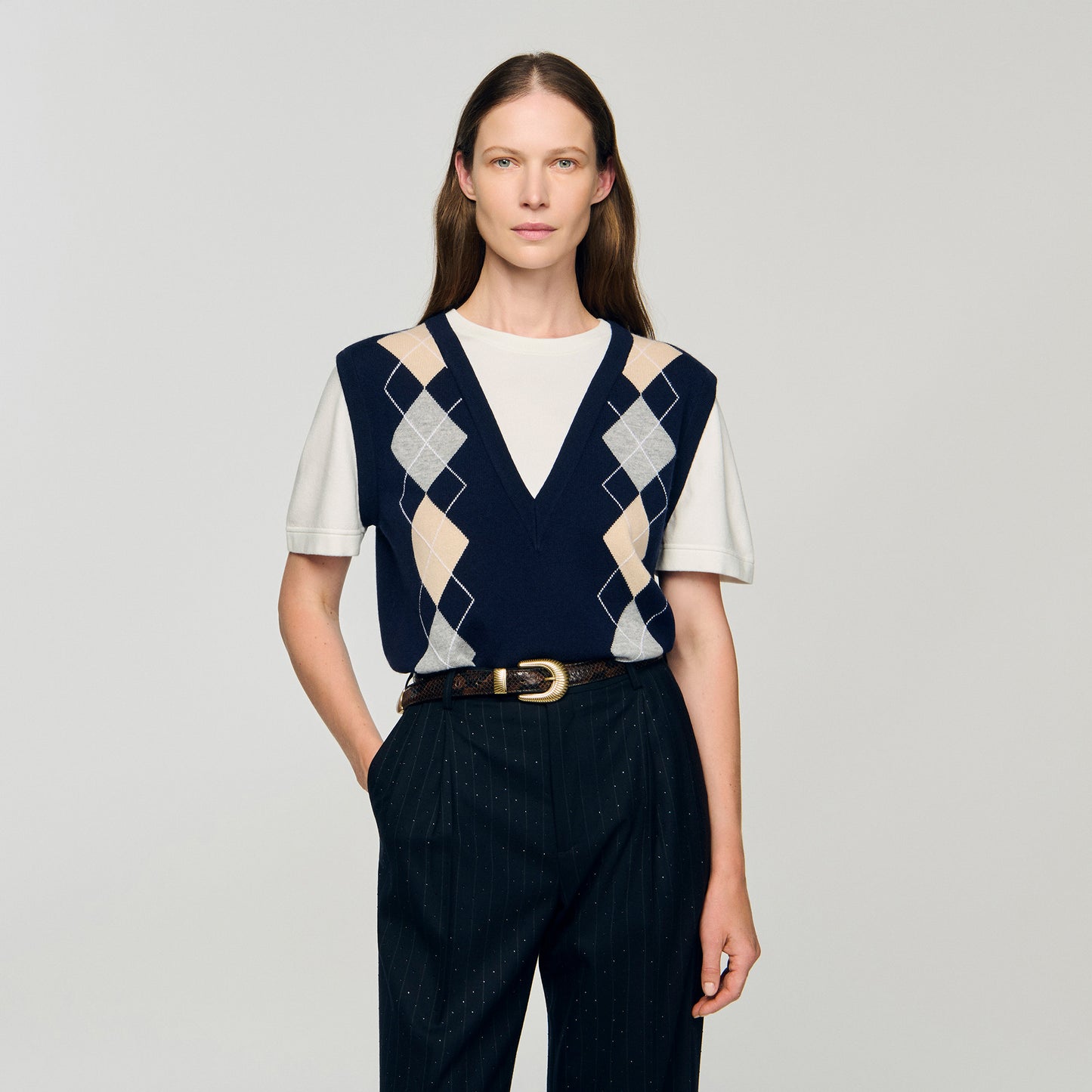 Eurie Argyle Layered Effect Jumper Navy Blue