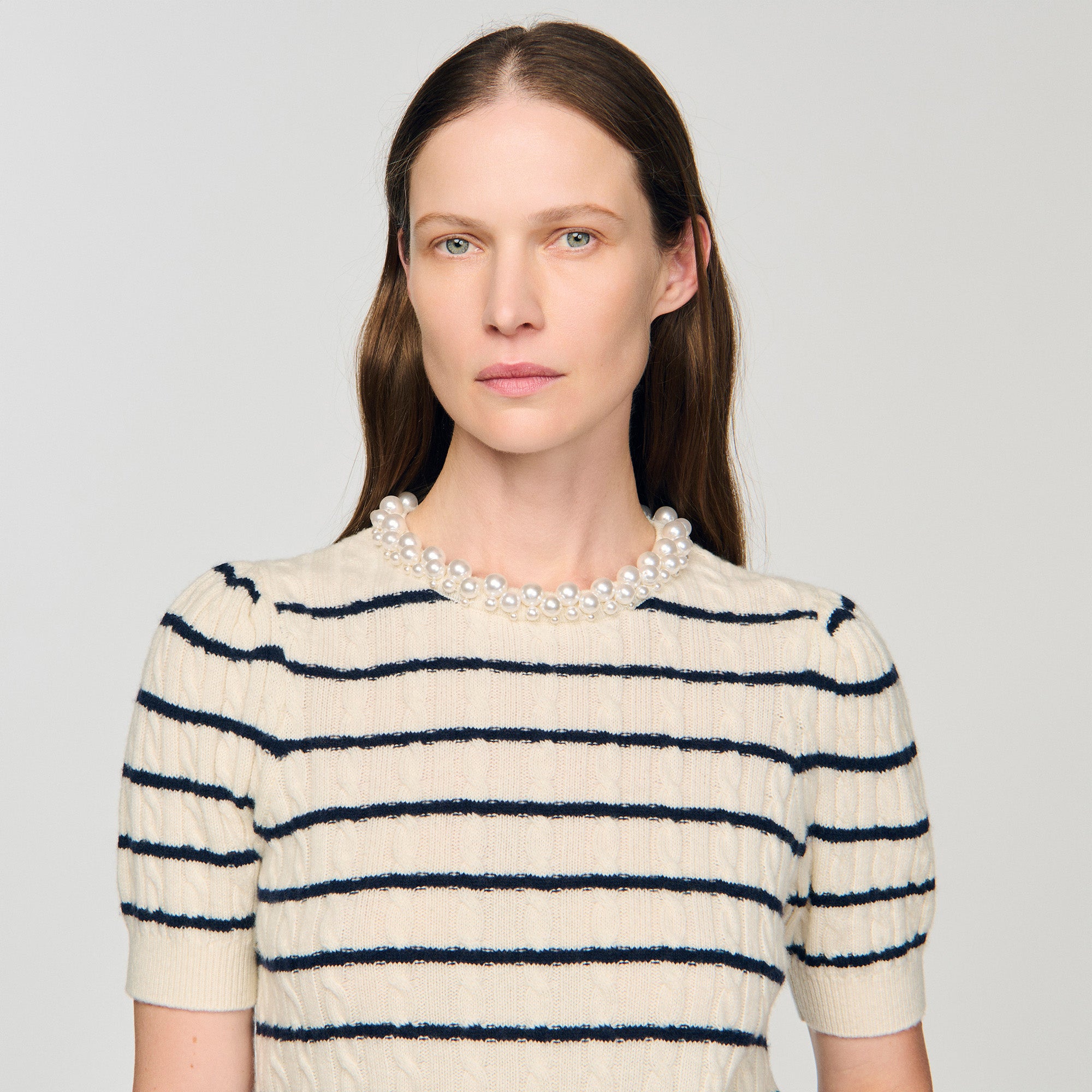Madie Striped Jumper With Pearl Collar Ecru