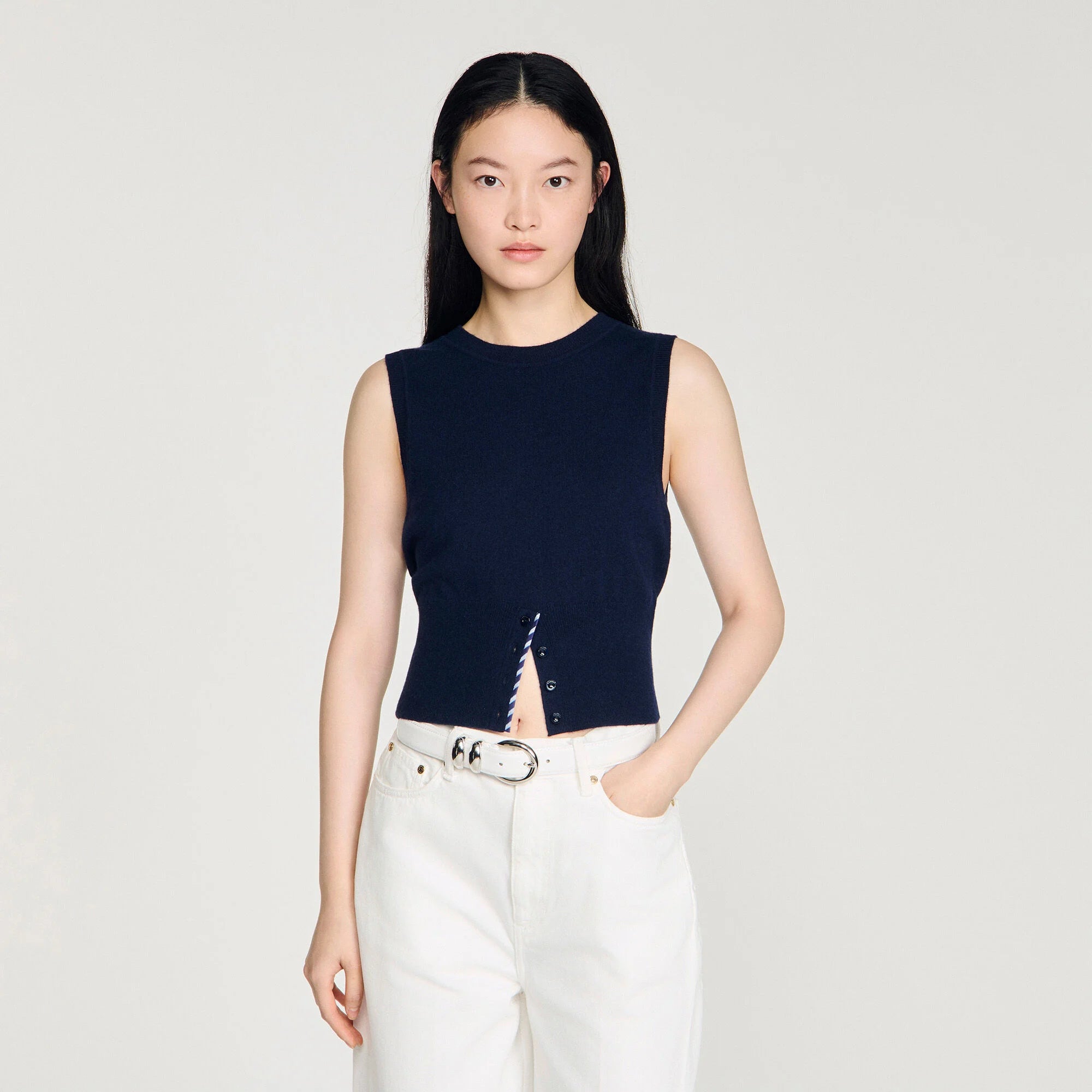 Dan Cropped Stripy Wool-Cashmere Jumper Navy Blue