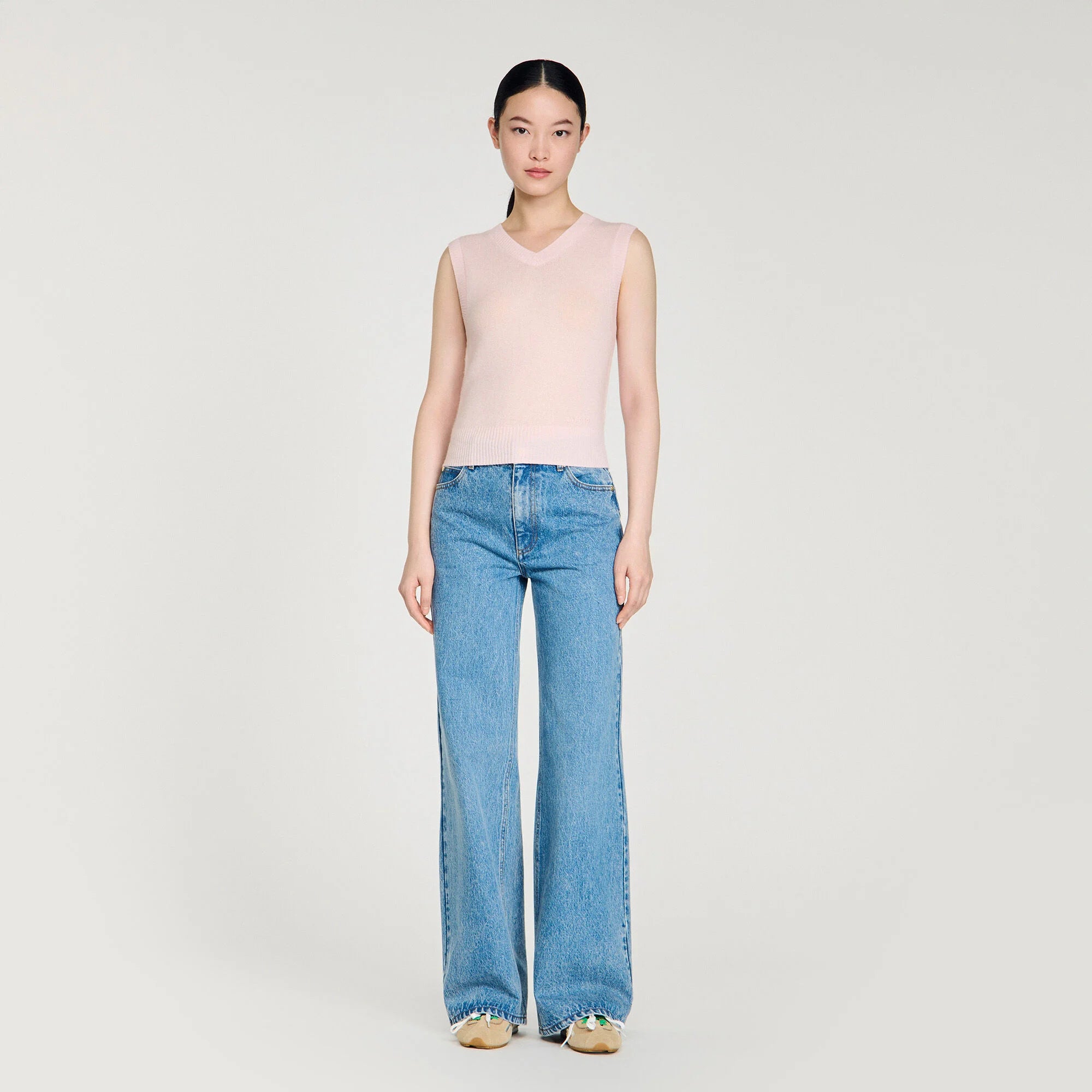 Calliste Embroidered Short Wool Cashmere Top Light Pink