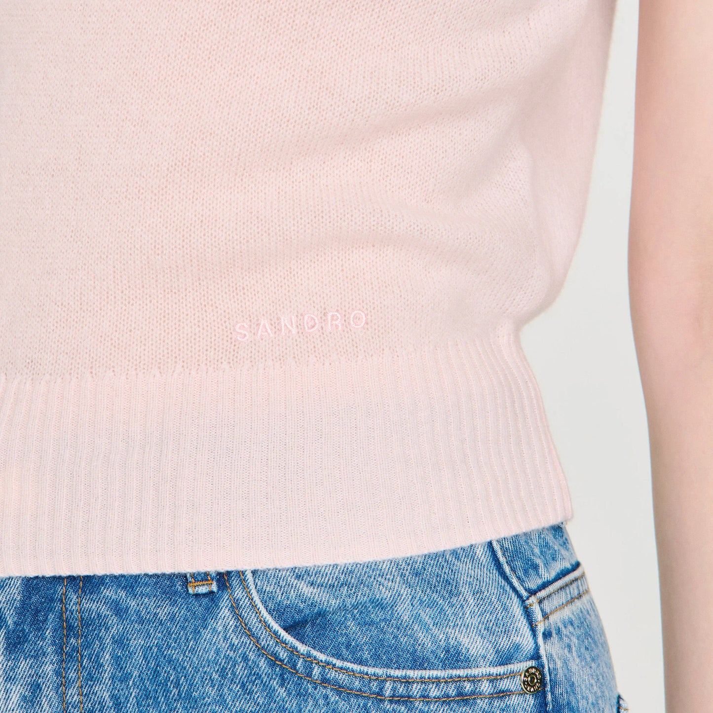Calliste Embroidered Short Wool Cashmere Top Light Pink