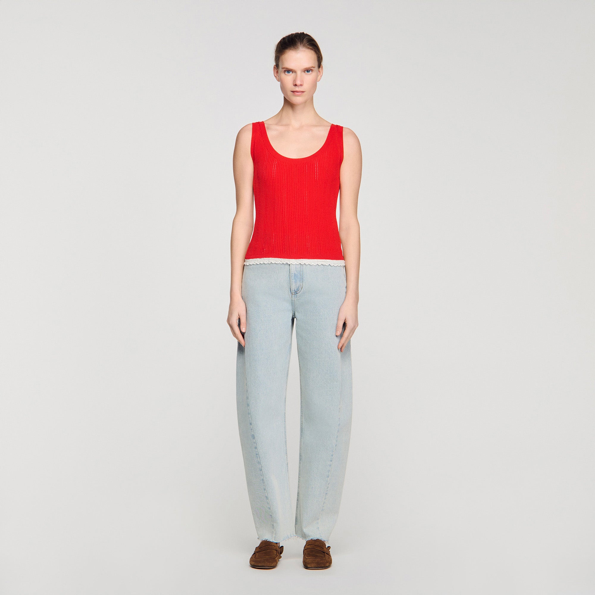 Filipo Knit And Lace Top RED