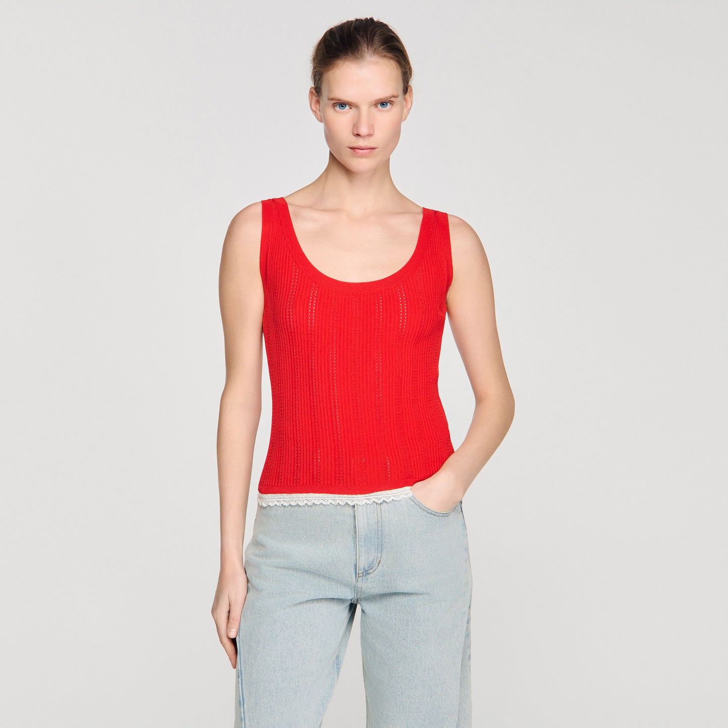 Filipo Knit And Lace Top RED