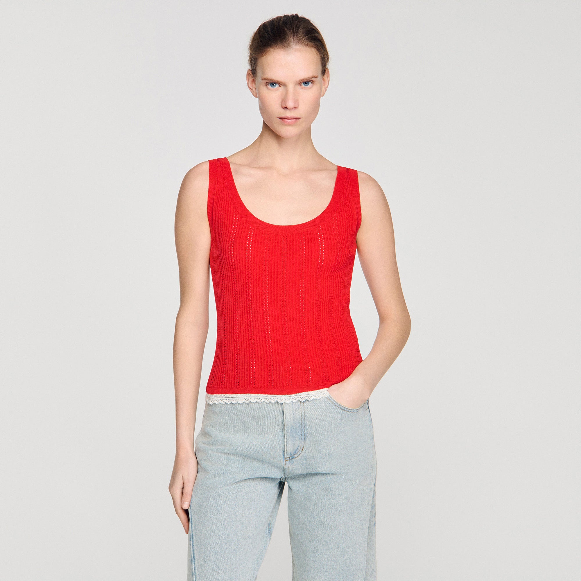 Filipo Knit And Lace Top RED
