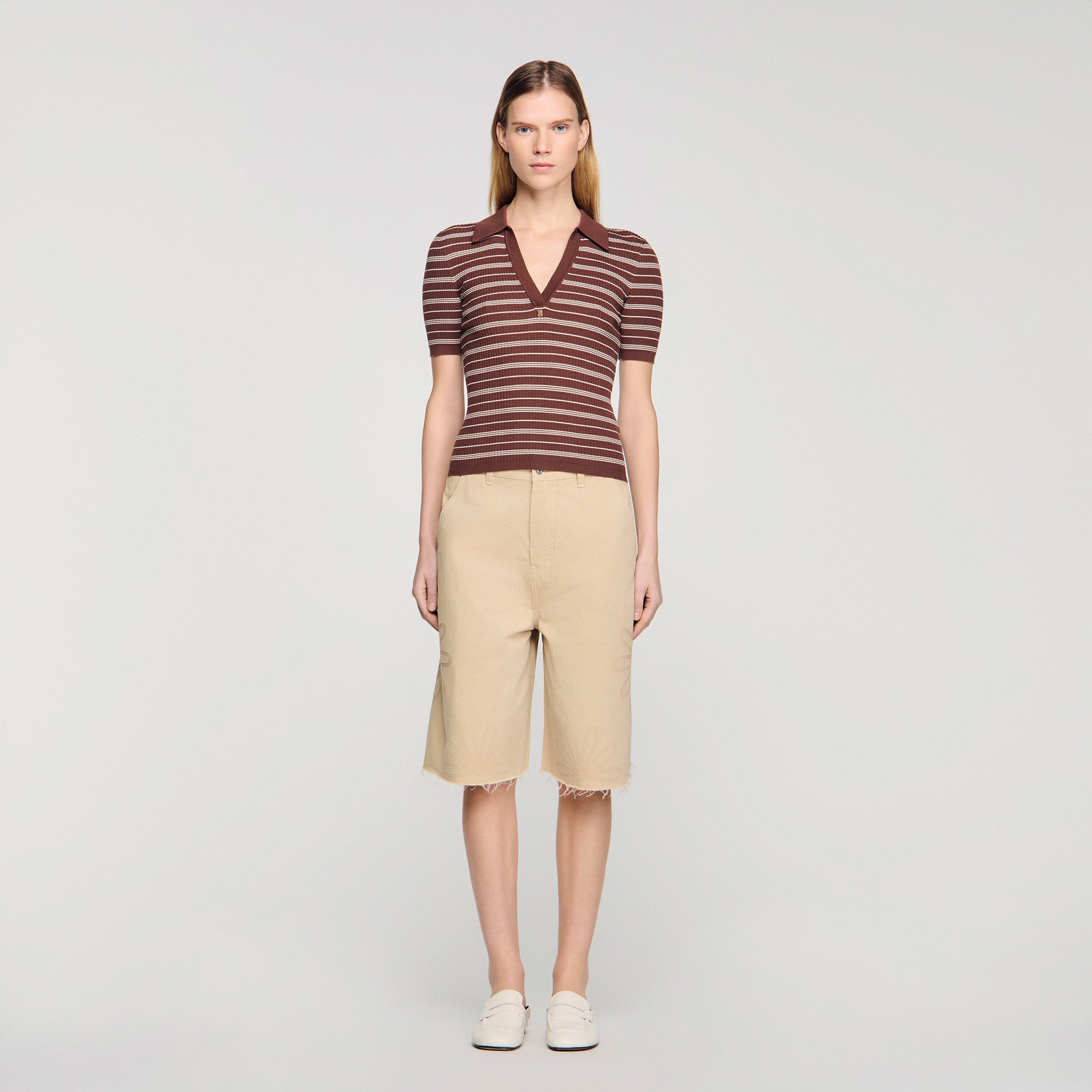 Driss Striped V-Neck Polo Jumper Brown