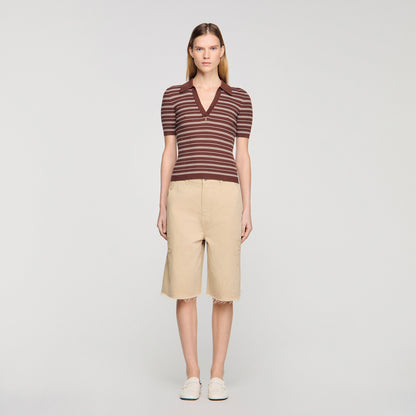 Driss Striped V-Neck Polo Jumper Brown