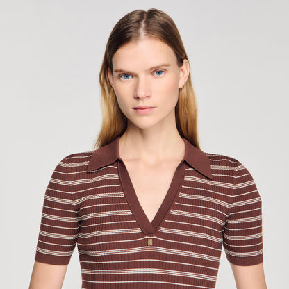 Driss Striped V-Neck Polo Jumper Brown